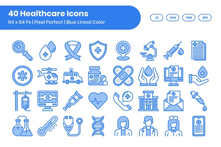 40 Healthcare Icons Set - Blue Lineal Color