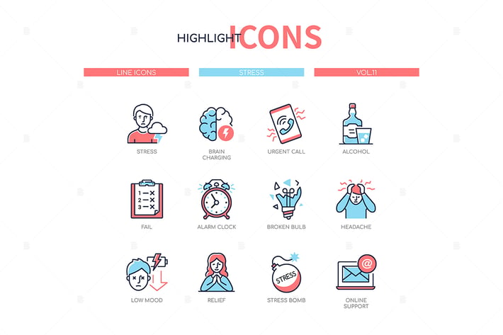 Stress & psychological problems line design icons