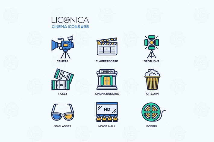 Cinema - modern vector flat line design icons set