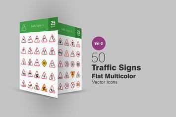 50 Traffic Signs Flat Multicolor Icons