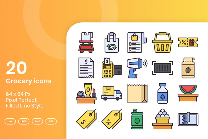 20 Grocery  Icons Set - Filled Line