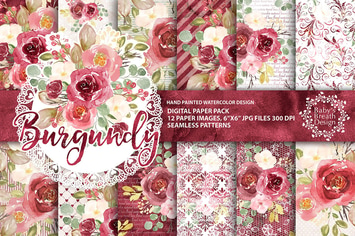 Burgundy floral digital paper pack
