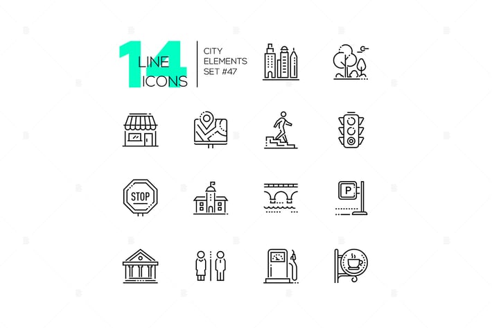 City elements - set of line design style icons