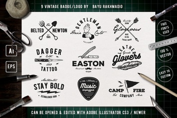 9 Vintage Badge Drawing