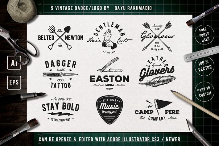 9 Vintage Badge Drawing