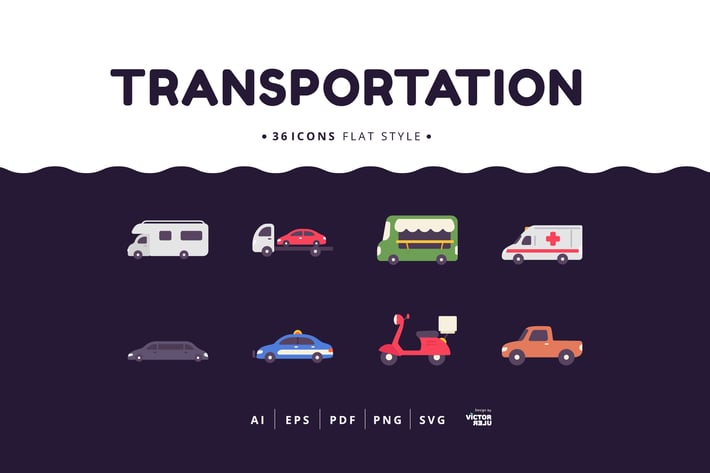 36 Transportation Elements Flat Style