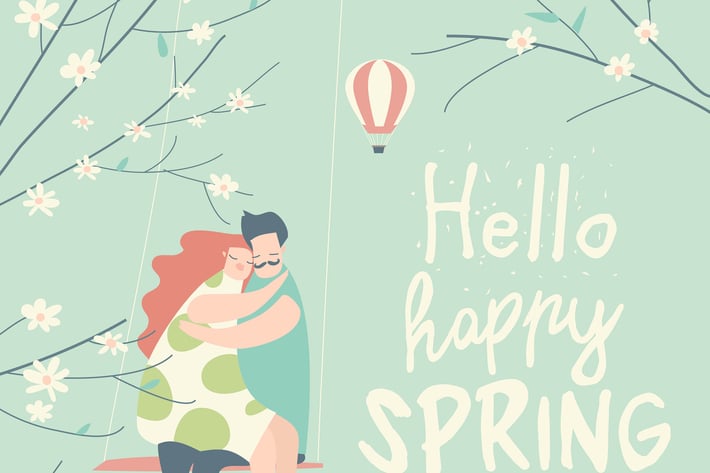 Cartoon happy couple in love riding on swing in sp