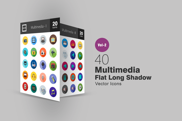 40 Multimedia Flat Long Shadow Icons