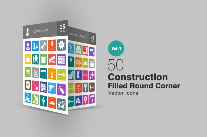 50 Construction Filled Round Corner Icons
