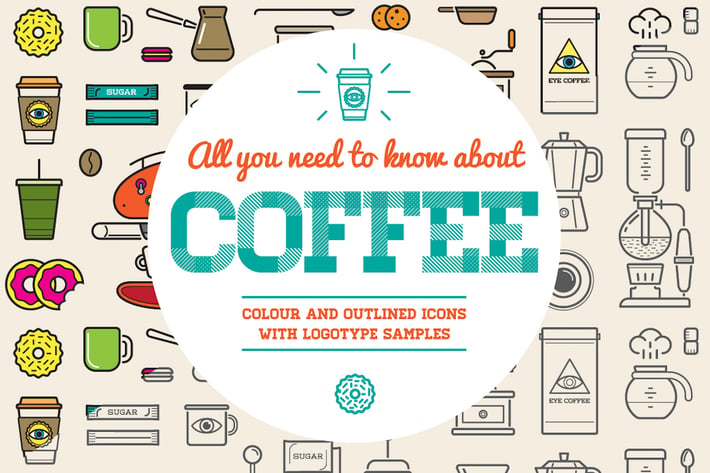Coffee Color and Outline Icons with Logotypes