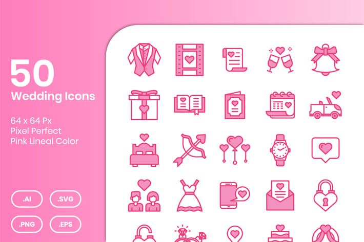 50 Wedding Icons Set - Pink Lineal Color