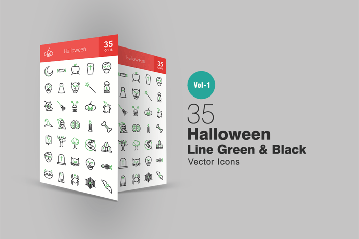 35 Halloween Line Green & Black Icons