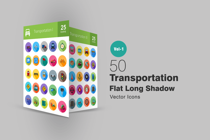 50 Transportation Flat Long Shadow Icons