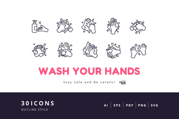 30 Elements Icon - Wash Your Hands Outline Style