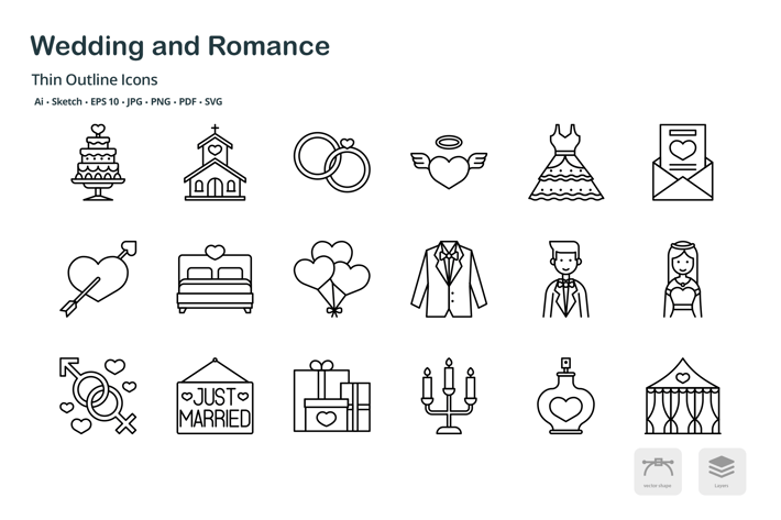 Wedding and romance thin outline icons