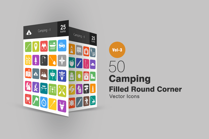 50 Camping Flat Round Corner Icons