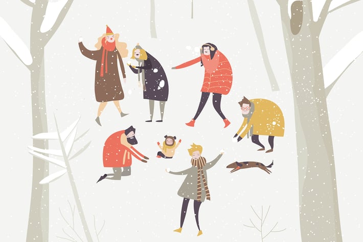 Group of happy people playing snowballs 