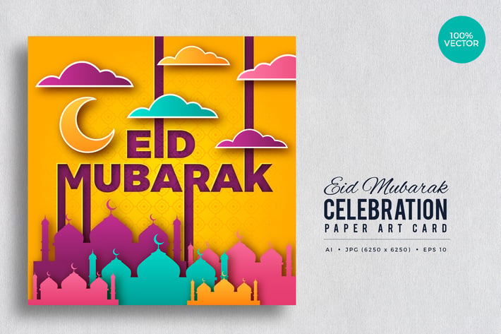 Eid Mubarak Paper Art Vector Card Vol.2