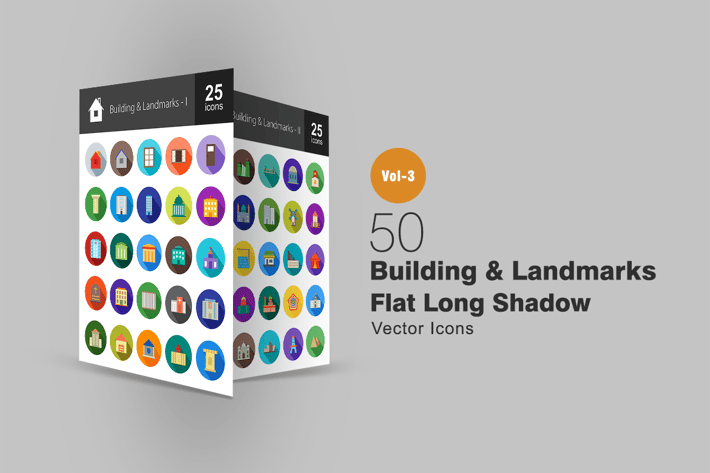 50 Buildings & Landmarks Flat Shadowed Icons