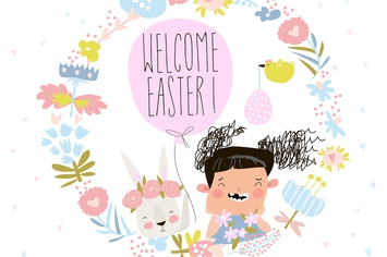 Cartoon Easter wreath with cute rabbit and little 