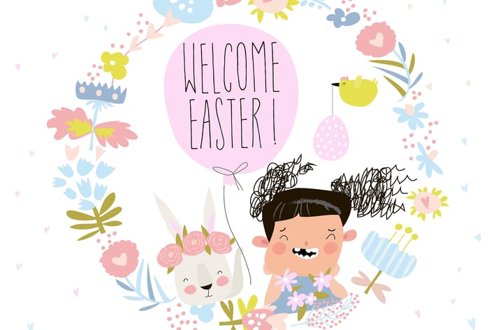 Cartoon Easter wreath with cute rabbit and little 