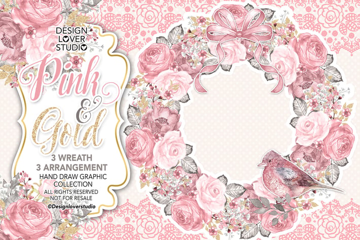 Watercolor PINK and GOLD wreath
