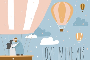 Cartoon couple in love in hot air balloon. Valenti