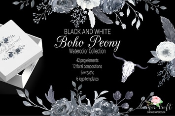 Watercolor Boho Peony Black and White