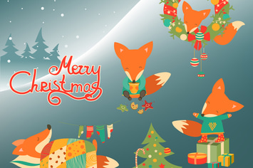 Cute little fox celebrating Christmas. Vector 