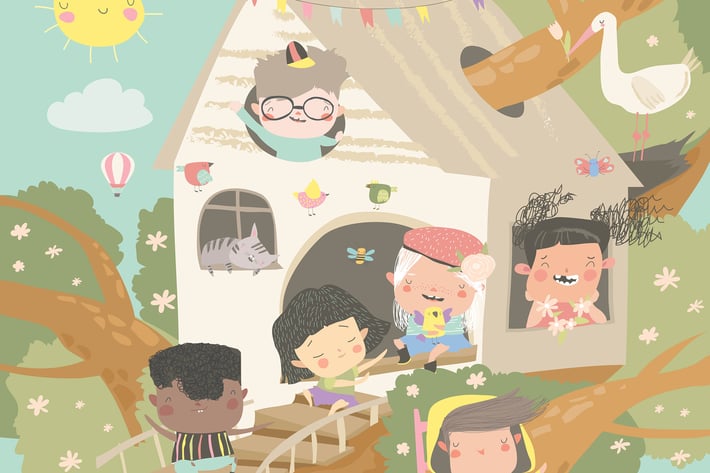 Children playing and having fun in the treehouse. 