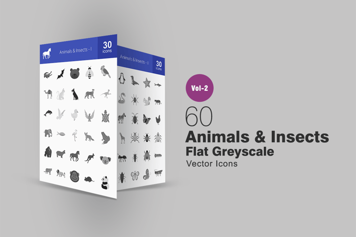 60 Animals & Insects Greyscale Icons