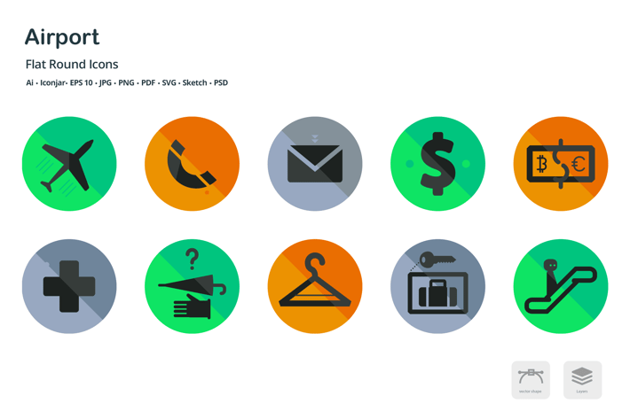 Airport and Travel Flat Round Icons