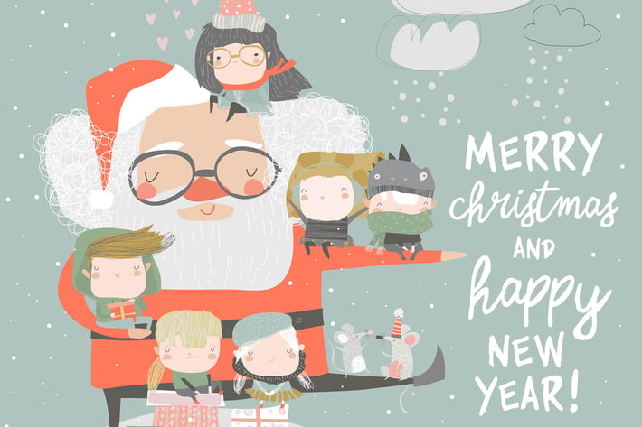 Santa Claus with happy children and gifts. Vector 