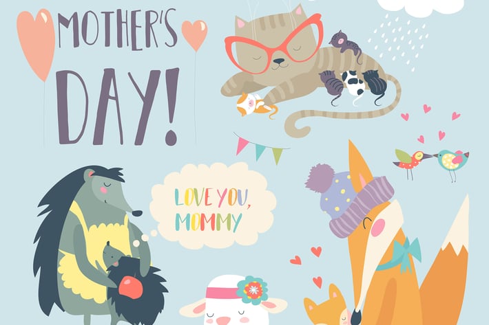 Vector set of cute animals with their cubs