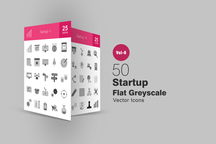 50 Startup Flat Greyscale Icons