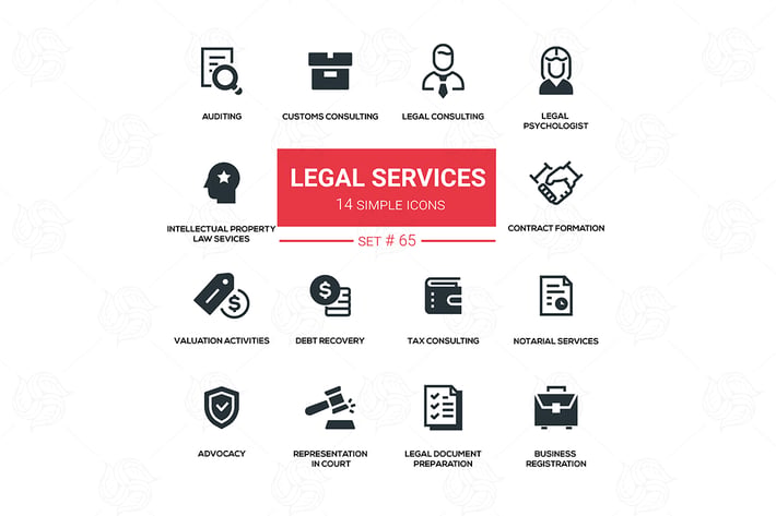 Legal services - line design silhouette icons set