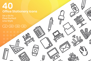 40 Office Stationery Icons Set - Line