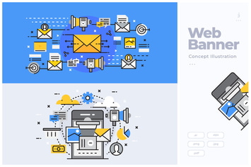 Flat Line Banner Concept of Online Marketing