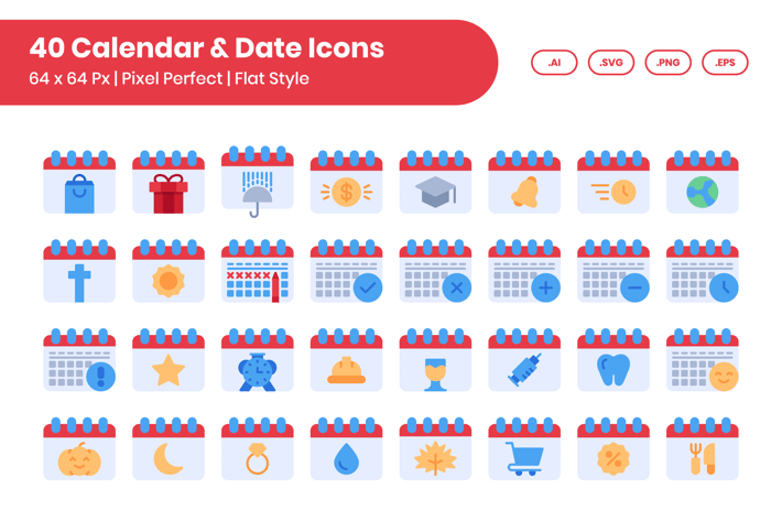 40 Calendar & Date Icons Set - Flat