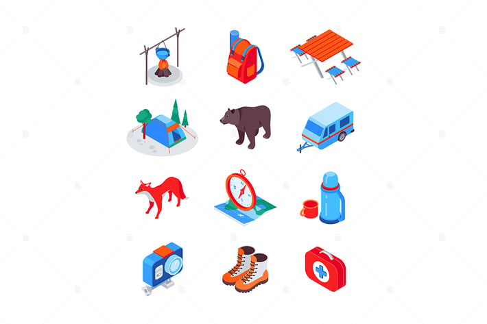 Camping and hiking equipment - isometric icons