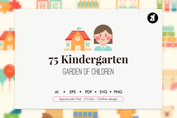 75 Kindergarten elements in flat design