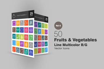 50 Fruits & Vegetables Line Multicolor Icons