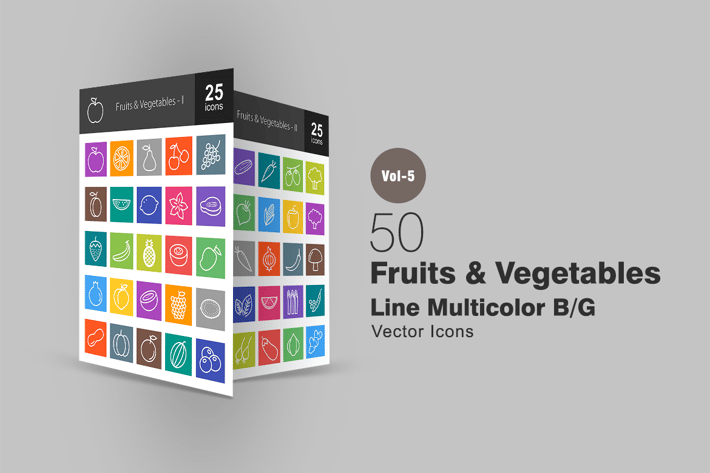 50 Fruits & Vegetables Line Multicolor Icons
