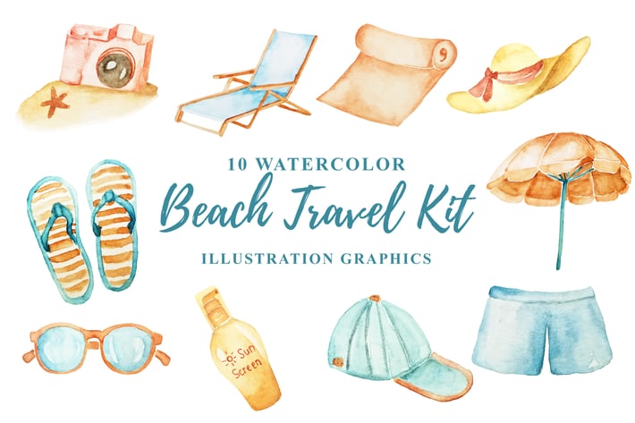 10 Watercolor Beach Travel Kit Illustration