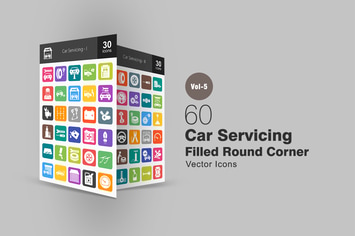60 Car Servicing Flat Round Corner Icons