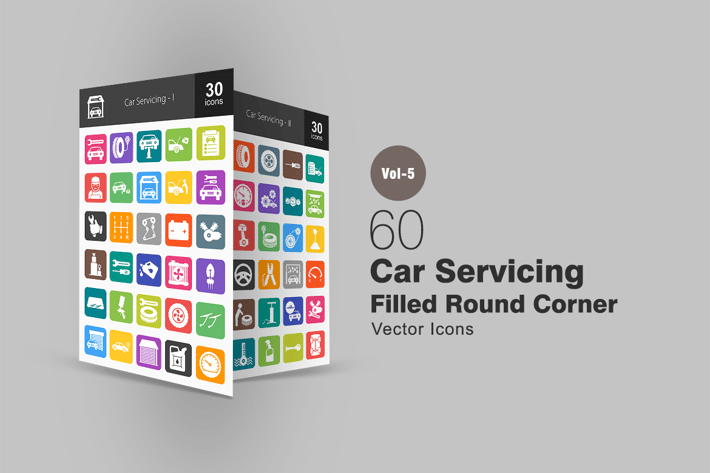 60 Car Servicing Flat Round Corner Icons