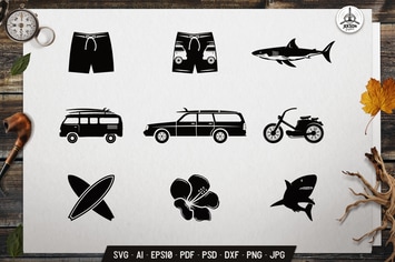 Surfing Elements Collection Summer Icon Graphics