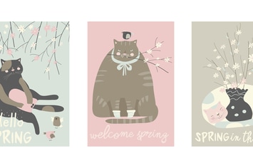 Vector cartoon set of cute cats with blossom branc