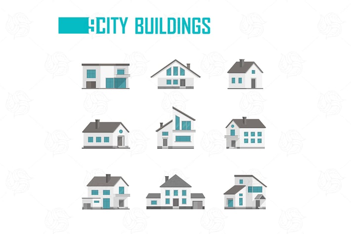 Nine small city buildings set of objects