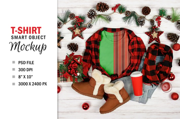 Christmas T-Shirt Mockup Flatlay Photoshop PSD